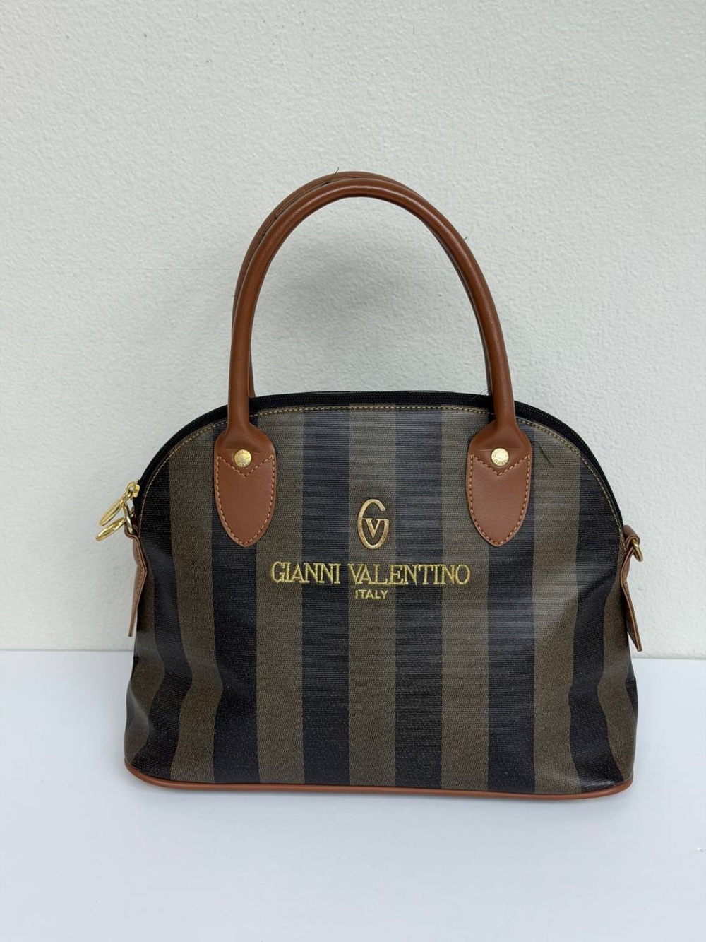 Gianni Valentino Vintage Striped Brown Black Dome Satchel Handbag